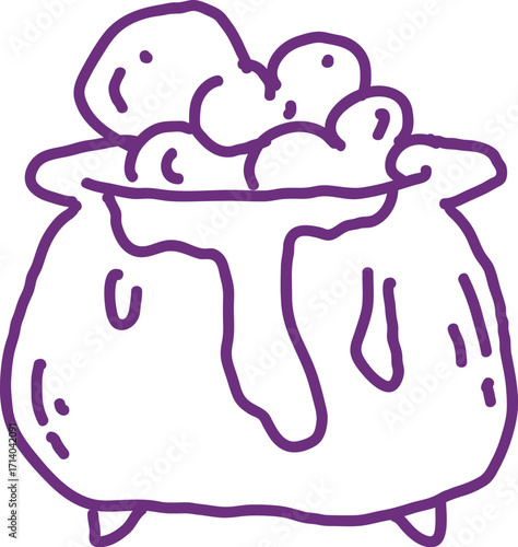 Simple purple outline cartoon cauldron with bubbling potion handdrawn style illustration.