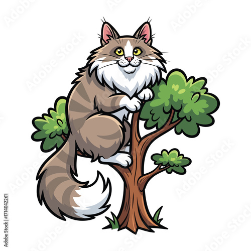 Friendly Feline's Perch: A charming, illustrated cat sits proudly amidst the verdant branches of a tree, its captivating gaze reflecting joy and contentment.