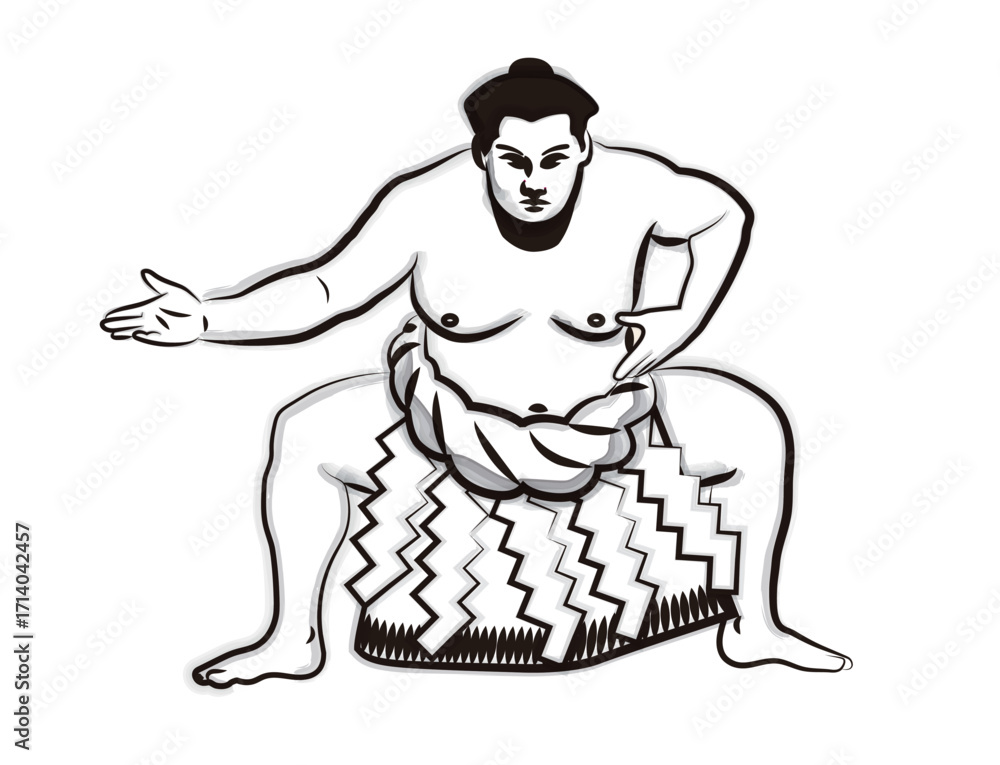 Naklejka premium Sumo wrestling, Yokozuna, wrestler, ring-entering pose, hand-drawn, sumi-e style, Unryu style, white background