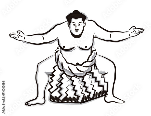 Sumo wrestling, Yokozuna, wrestler, ring-entering pose, hand-drawn, sumi-e style, Shiranui style, white background