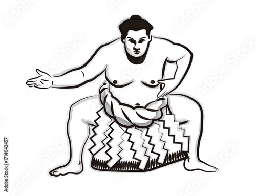 Sumo wrestling, Yokozuna, wrestler, ring-entering pose, hand-drawn, sumi-e style, Unryu style, white background