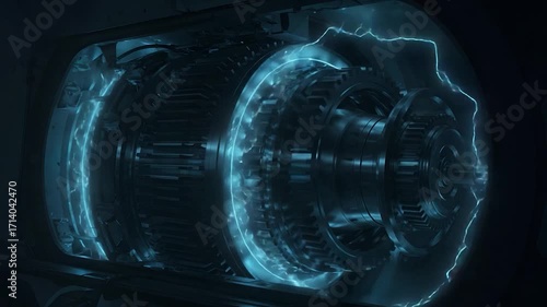 futuristic energy core glowing with blue light in dark environment.