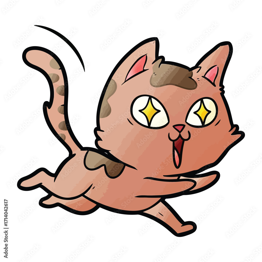 Obraz premium Whimsical Kitty's Joyful Leap: An adorable cartoon cat springs into action, its eyes sparkling with delight, exuding an aura of playful energy and boundless glee.