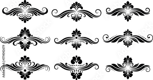 Vector art of collection of nine black ornamental dividers and flourishes