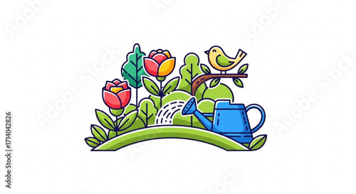 Illustration of a garden, featuring flowers, a bird, a watering can, and lush greenery, perfect for spring and summer