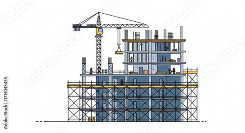 Construction site with scaffolding and crane, representing the process of building a multistory structure