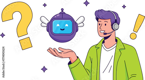Customer service agent providing assistance with a robot isolated on white background