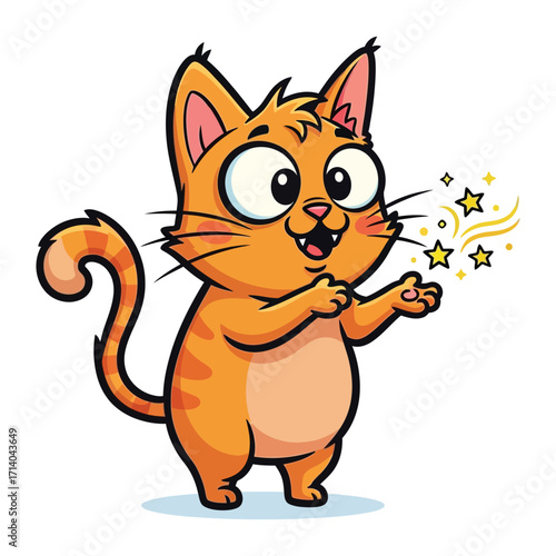 Whimsical Cat and Magic: A cheerful, cartoon cat creates a spellbinding scene with sparkling stars, bringing a touch of magic.