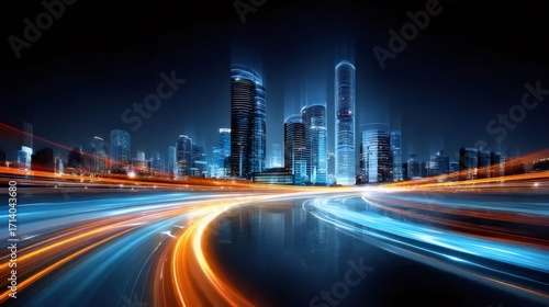Naklejka 青い夜空の輝く都市景観と光跡の道