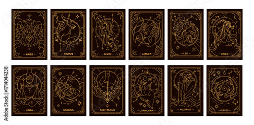 Zodiac signs, astrology cards, posters design, set. Golden horoscope symbols, Gemini, Scorpio, Virgo, Cancer, Pisces and Sagittarius constellations, vintage line drawings. Drawn vector illustration.