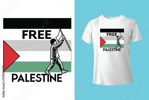 Graphic design and tshirt featuring free gaza free palestine slogan with national flag colors, promoting solidarity and awareness
