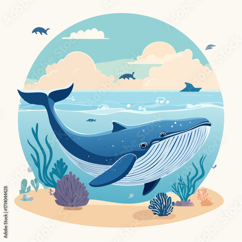 Whale swimming upward with bright sky and fish around, representing hope, nature, and marine adventure.