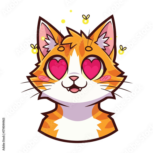 Cartoon Cat with Heart Eyes: A cute cartoon cat with heart-shaped eyes is surrounded by little yellow glowing sparkle, showcasing cuteness, love, and affection.