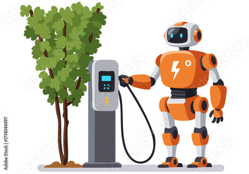 A friendly robot charges an electric vehicle at a smart charging station, surrounded by greenery. Modern, clean illustration promoting sustainable energy.