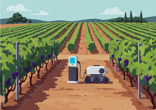 A futuristic robot charges at a vineyard, showcasing smart agriculture. Lush green rows and a sunny landscape create a vibrant, modern scene. Ideal for technology and farming visuals.