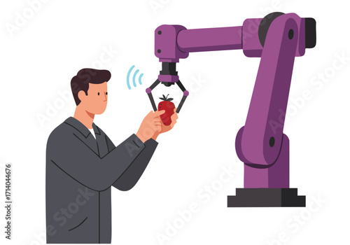 A professional inspects a harvested grape with a robotic arm. Precise sensor technology highlights automated quality control. Modern industrial setting.