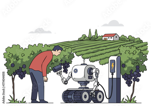 A robot inspects grapes in a vineyard, charging at a station. Modern illustration with a rural backdrop.  Ideal for technology, agriculture, and innovation themes.
