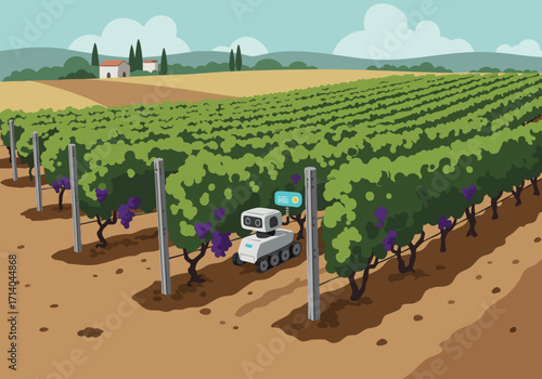 robot inspects a vineyard showcasing automated farming The scene features lush grapevines and rich soil highlighting agricultural technology and rural landscapes A clear bright composition