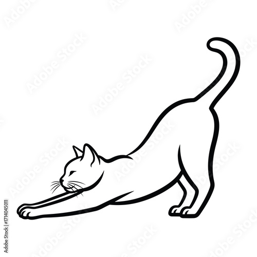 Playful Cat Stretching: A sleek black and white illustration showcases a graceful cat, elegantly stretching to its fullest extent, against a clean backdrop.