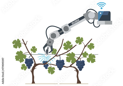 A robotic arm precisely prunes a grapevine, showcasing automated vineyard care. Modern, clean design with a focus on technology and agriculture.  Ideal for illustrating precision farming.