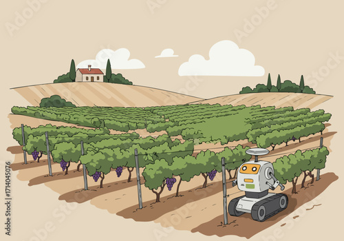 A robotic arm tends to a vineyard landscape. A charming farmhouse sits in the background, showcasing agricultural technology and rural beauty.  Modern illustration style.