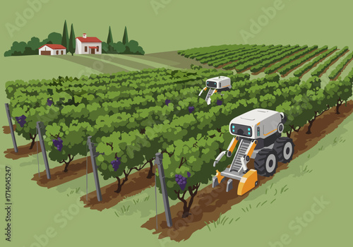 Robotic harvesters efficiently gather grapes in a lush vineyard. A modern, picturesque scene showcasing agricultural technology.  Ideal for harvest, farming, and automation visuals.
