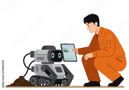 A technician examines a robot with a tablet, showcasing a collaborative technology scene. Modern, clean illustration style.