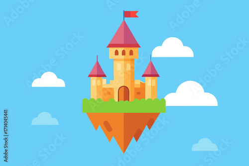 Cartoon floating castle in the sky vector illustration