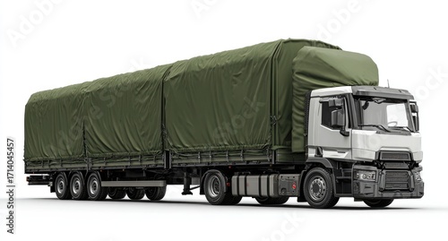 Military-style cargo truck, covered in olive drab tarp