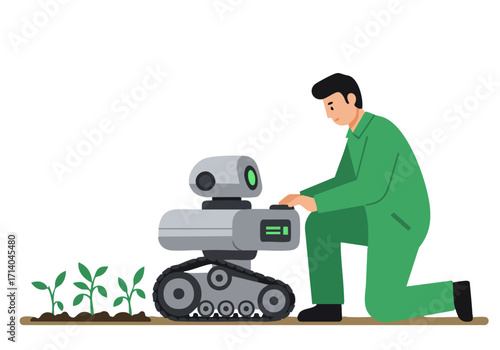 A technician inspects a wheeled robot amidst growing plants. A clean, modern illustration showcases technology and nature. Suitable for tech, agriculture, and innovation themes.
