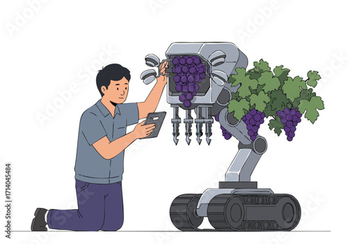A technician inspects a robotic grape harvester with sensors, showcasing innovative agricultural technology. Modern, detailed illustration.