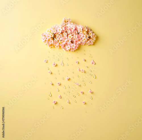 A spring shower, a minimalist composition, a cloud of tiny flowers and raindrops