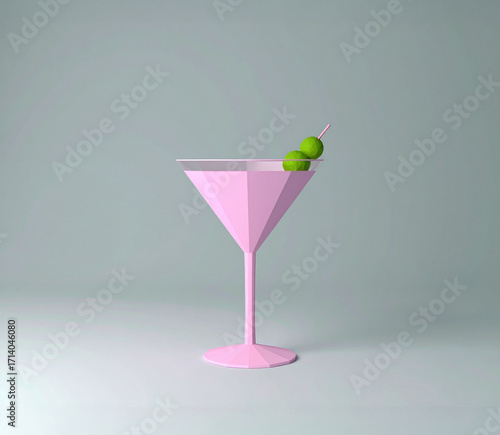 Pink martini cocktail glass with olive