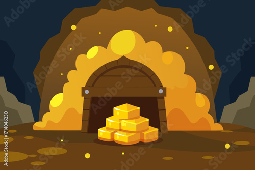 Cartoon treasure cave with glowing gold vector illustration