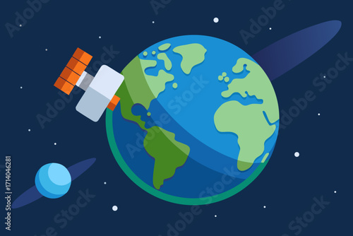 Cartoon satellite orbiting the earth vector illustration