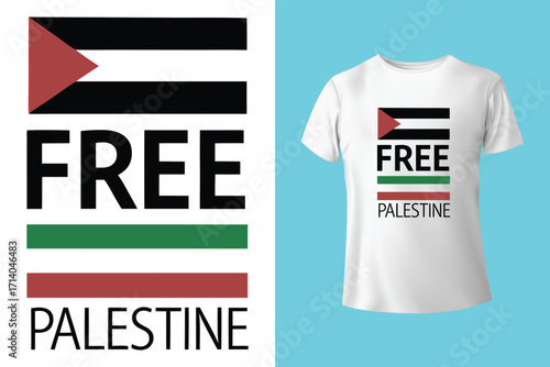 Graphic design and tshirt featuring free gaza free palestine slogan with national flag colors, promoting solidarity and awareness
