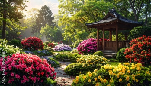 Wallpaper Mural A serene Japanese garden, vibrant with colorful azaleas and a traditional wooden teahouse, bathed in morning sunlight. Torontodigital.ca