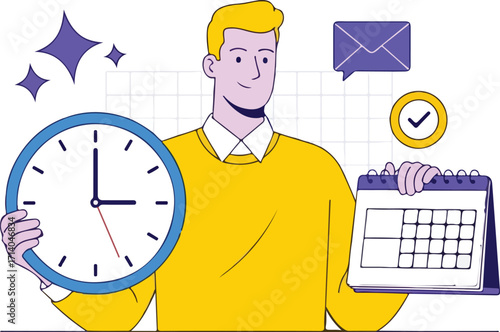 Man holding clock and calendar isolated on white background, planning schedule
