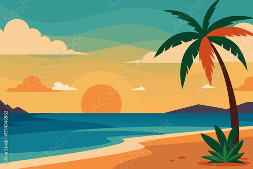 Cartoon tropical beach sunset vector illustration
