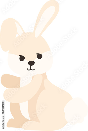 Adorable Cartoon Beige Bunny Rabbit Sitting with One Paw Raised.