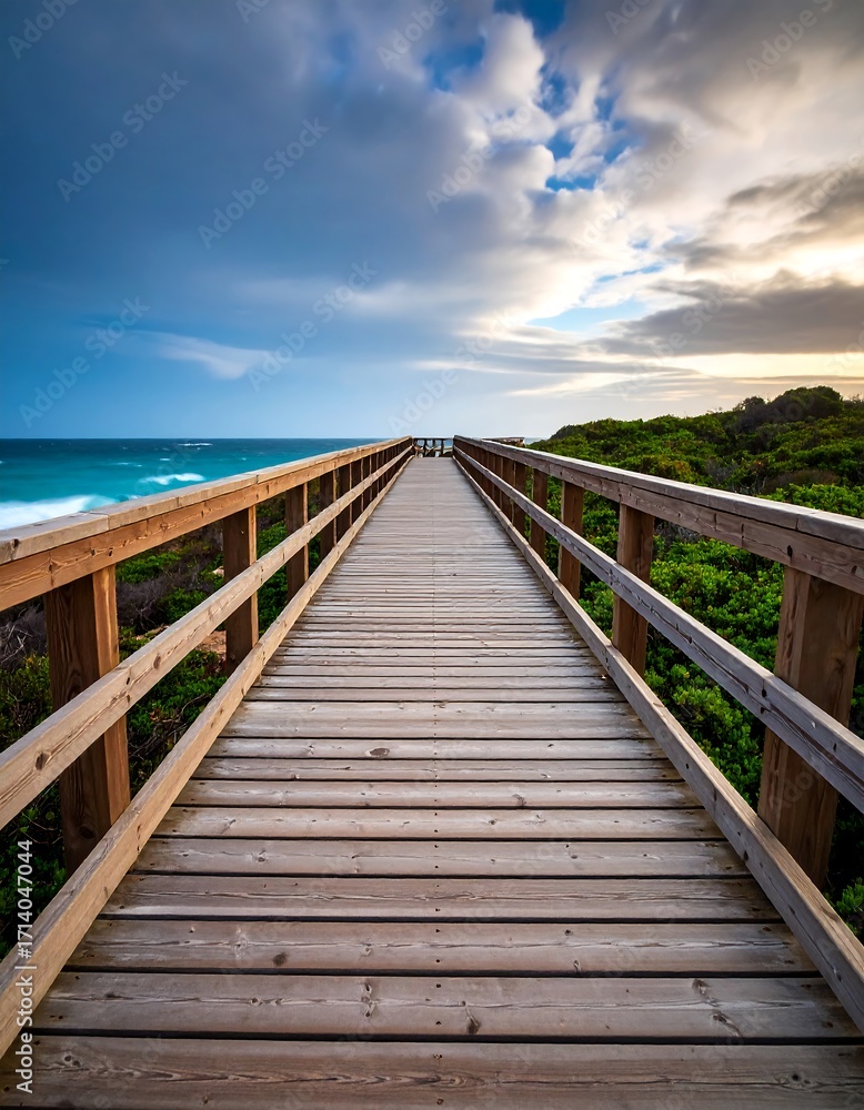 Fototapeta premium Wooden boardwalk leading to ocean (1)
