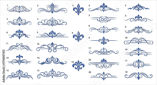Vector art of assortment of blue ornate decorative elements and fleurdelis symbols isolated on white