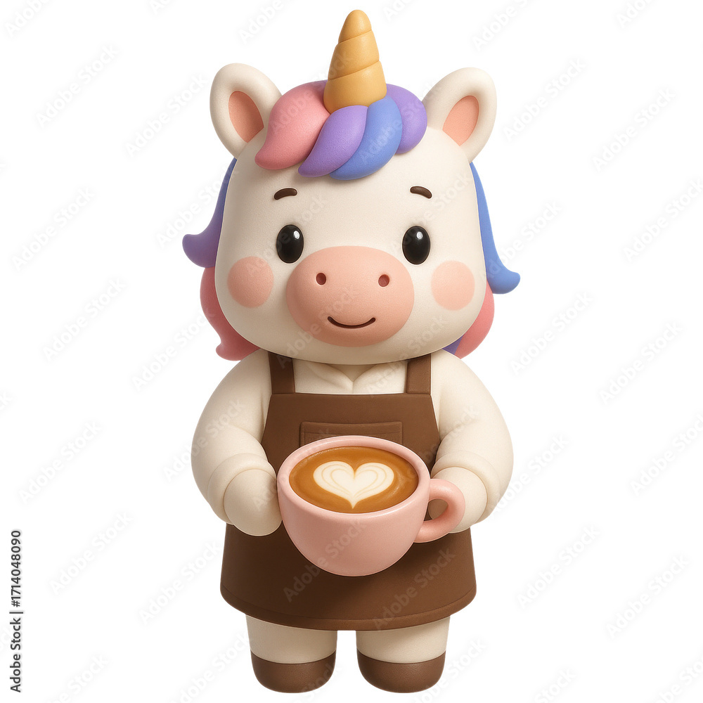 Fototapeta premium Cute Unicorn Character Holding a Coffee Cup with Heart Design on Top