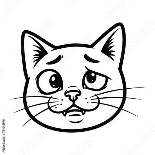 Worried Cat Cartoon: A cute cartoon cat head with an innocent expression, and a hint of worry illustrated in a line art style, evoking emotions