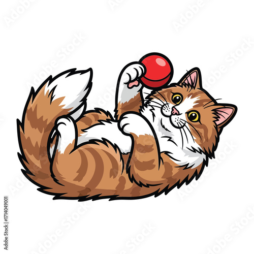 Playful Kitten and Red Ball: A charming kitten lies on its back, its paws playfully reaching for a vibrant red ball. Capture the essence of youthful energy and delightful amusement.