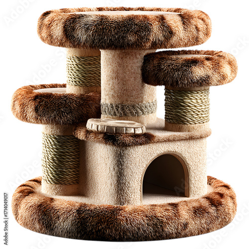 Plush cat tree with multiple levels isolated on transparent background