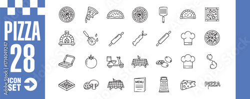 Pizza icon set collection of 28 different pizza and pizzeria related icons in outline style vector illustration of pizza, oven, ingredients and tools