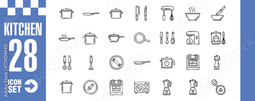 Collection of 28 kitchen icons set includes pot, pan, knife, spoon, and other kitchenrelated symbols in a simple and modern style, perfect for culinary projects