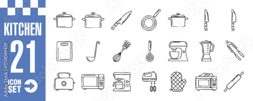 A set of kitchen icons featuring various cooking utensils and appliances, including pots, pans, knives, cutting board, ladle, spatula, mixer, blender, toaster