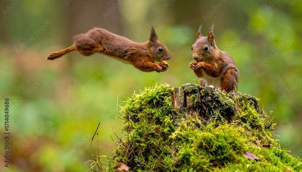 Fototapeta premium Two Playful Red Squirrels Interacting in a Vibrant Green Forest.